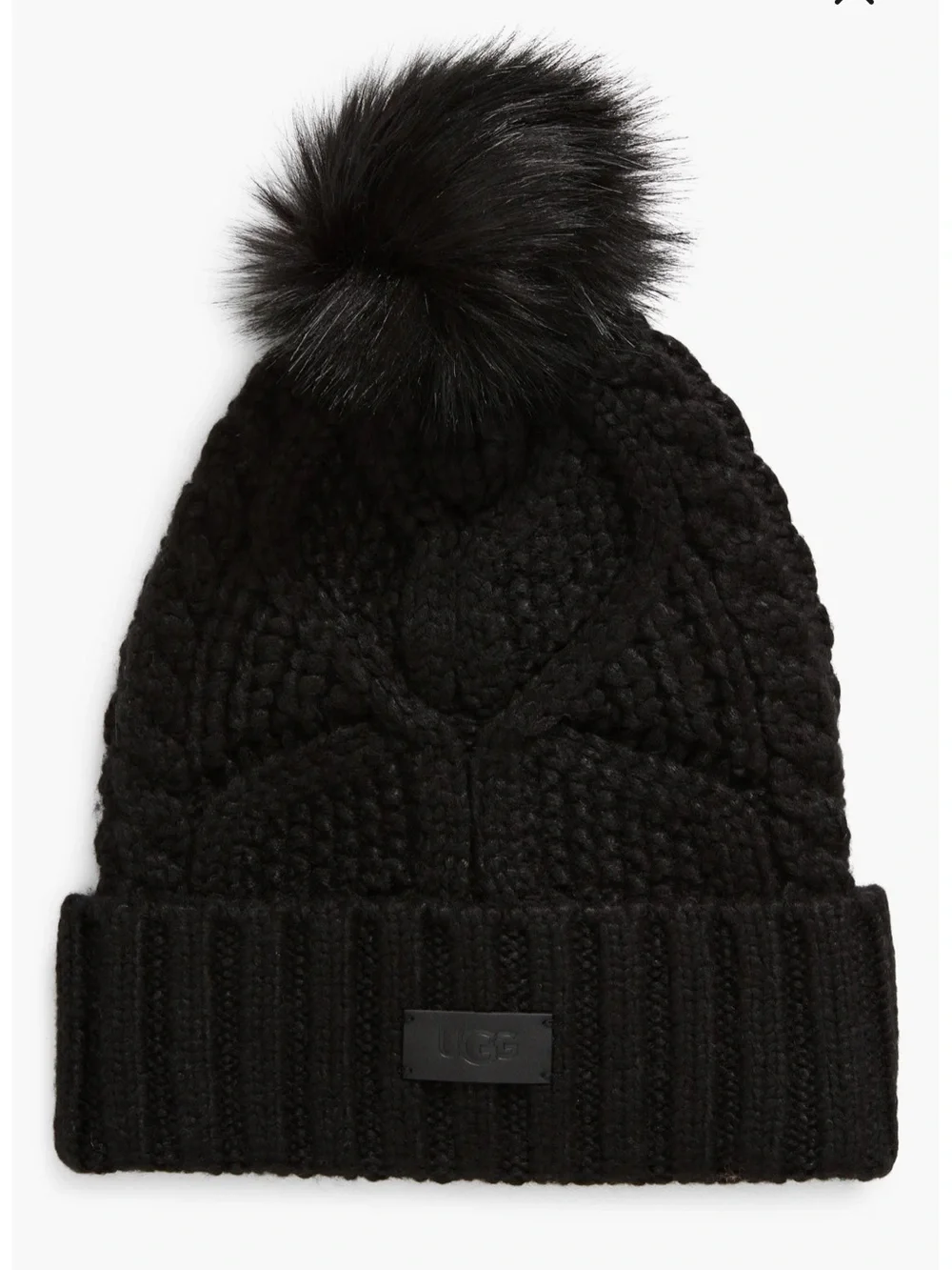 UGG Faux Fur Pompom Cable Knit Beanie black new  $68 Women's Hats